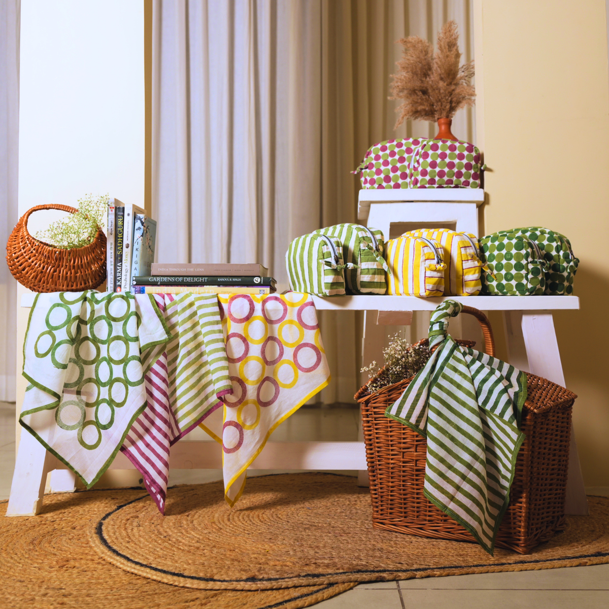 Set of hand crafted lifestyle products featuring scrunchie, travel pouch and sunglass pouch