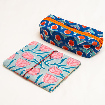 Hand Block Printed Journals and Travel Pouch  with floral patterns on a white background