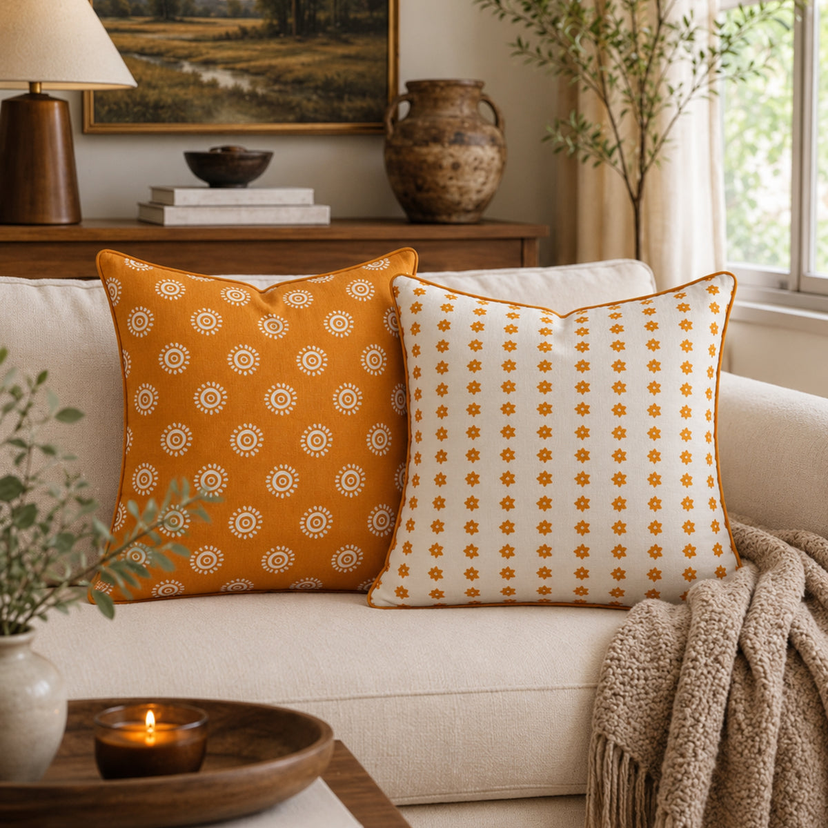 Two decorative  Linen throw pillows Bhor and Bela  on a cream sofa in a styled living room. One pillow is mustard yellow with a white sunburst pattern, and the other is cream with a mustard yellow vertical floral stripe pattern.