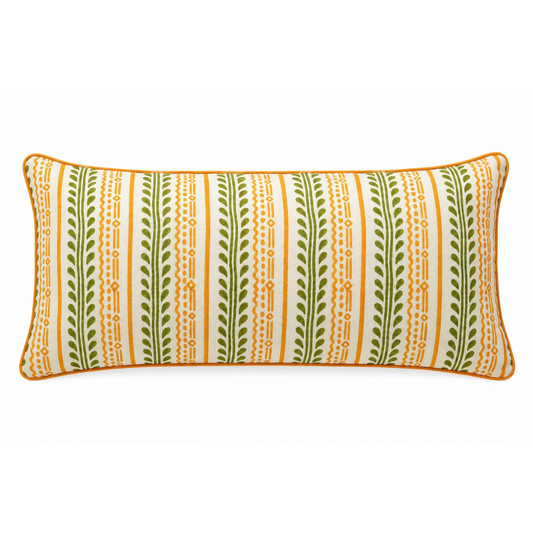 A rectangular hand block printed lumbar throw pillow  12 x 24 with a vertical striped pattern of green leafy vines and orange dotted lines on a cream background, finished with a solid orange border.