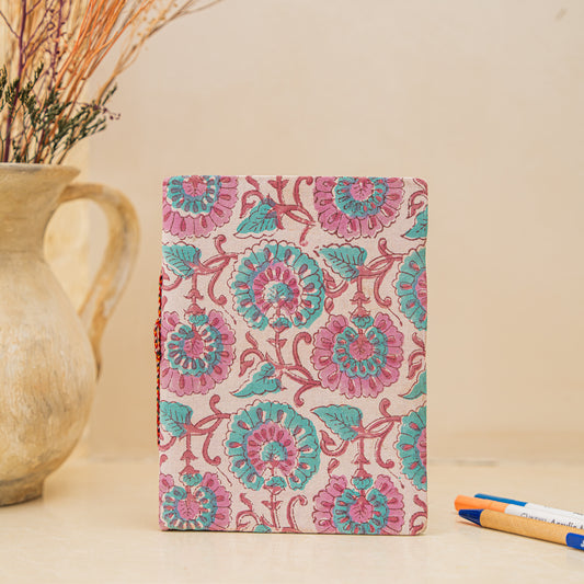 Hand Block Printed Cotton Cover Notebook with pink and teal floral pattern on a beige background