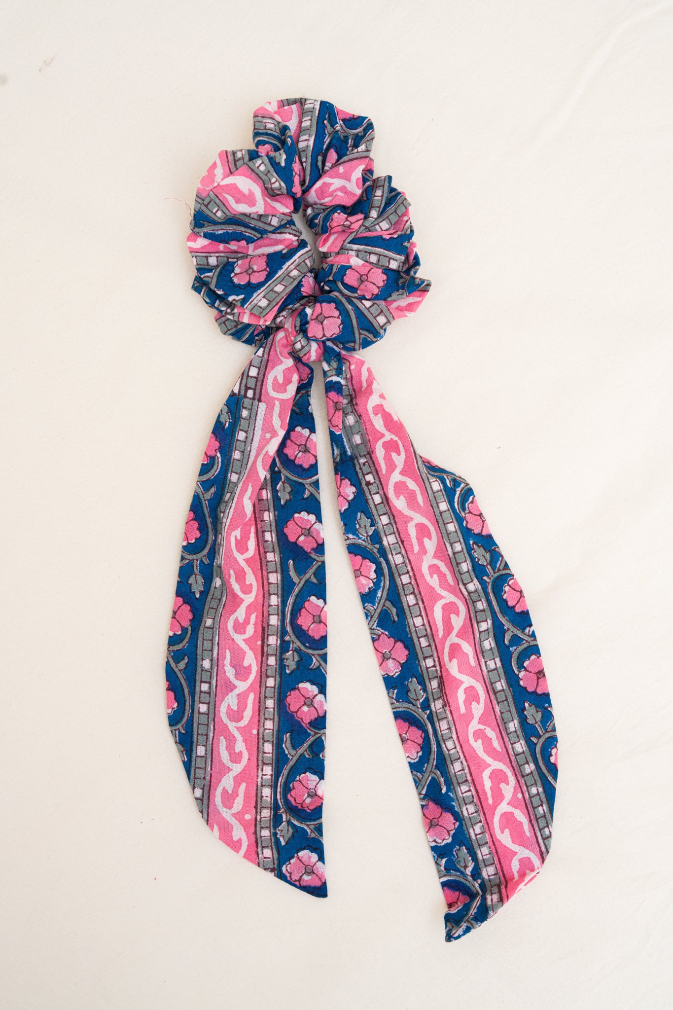 Cotton Hand Block Printed Scrunchie with Blue and pink patterned on a white background
